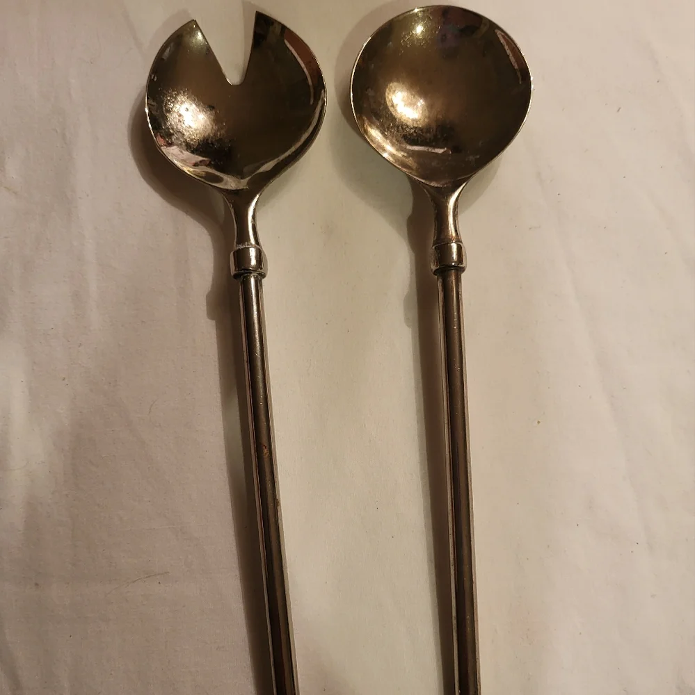 Mid Century Modern MCM Chrome Slim Round Handled Serving Fork & Spoon Se…